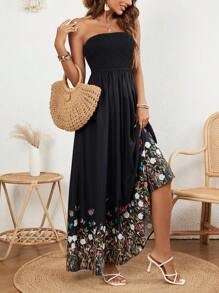SHEIN VCAY Floral Printed Ruched Strapless A-Line Dress - Black - View 4