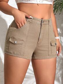 SHEIN EZwear Kích thước lớn Flip Túi Gầy Quần short Denim - Màu Khaki - Xem 1