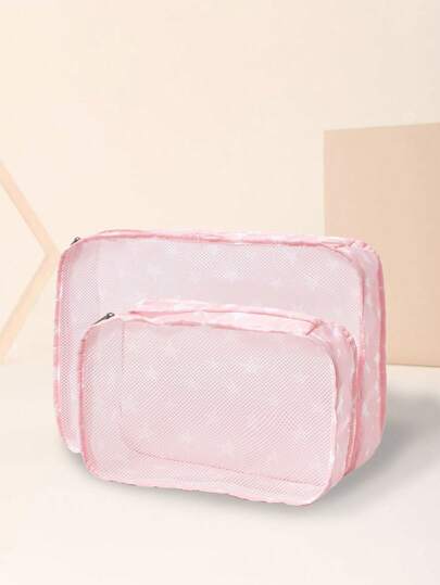 Kawaii Conjunto De 2 Piezas De Bolsa De Almacenamiento De Ropa Portátil, Plegable, Con Patrón De Estrella Rosa Y Dibujos Animados Para Viajes Y Exteriores