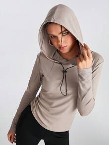 Streetz SHEIN Sport Áo nỉ thể thao nữ màu trơn, có dây rút hai bên. - Màu Khaki - Xem 4