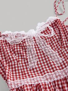SHEIN MOD 女裝拼接蕾絲格子背心連衣裙 - 紅白色 - 查看 3