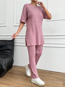 EURMUSE Women's Round Neck Drop Shoulder Short Sleeve T-Shirt And Pants Set - Pink - View 3