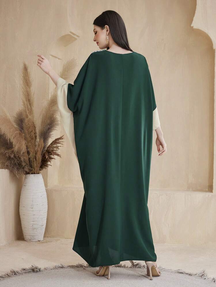 Color Block Ribbon Patchwork Batwing Sleeve Dress Kaftan Jalabiya Dress