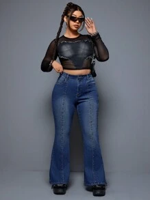 SHEIN ICON Jeans Acampanados De Talla Grande Y Ajustados Con Detalle De Cuentas - Azul - Ver 5