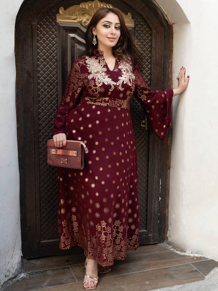 Burgundy Red Plus Size Women's Sparkling Rhinestone Flower Print Long Sleeve Arabian Dress, Elegant Luxury Evening Party Style Kaftan Jalabiya Dress