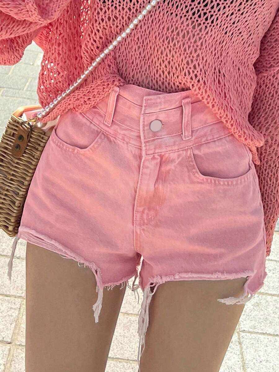 DAZY Shorts En Denim À Ourlet Effrangé Et Poches Pour Femmes - Rose bonbon - Voir 1