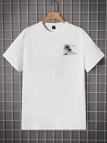 Manfinity RSRT Men White Knit Coconut Palm Tree Graphic Print Round Neck Short Sleeve Summer T-Shirt, Vacation, Fashion, Boyfriend Gift - White - View 3