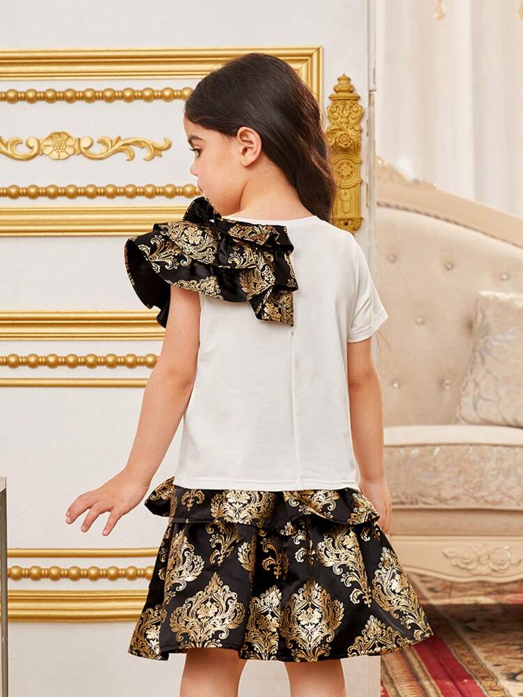 Young Girls' Matching Elegant Round Neck Ruffled T-Shirt And Skirt Set For Holiday