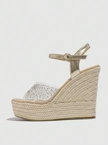 Women's Fashionable Wedge Heel & Thick Sole Rhinestone Detail Espadrilles Sandals For Summer