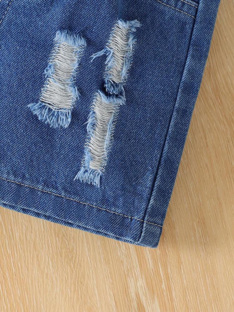 Summer New Arrival Baby Boy Simple And Cute Slogan Printed T-Shirt And Ripped Denim Shorts Set