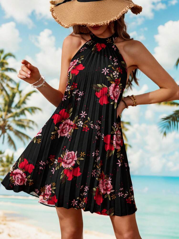 Women'S Holiday Floral Printed Pleated Halter Dress