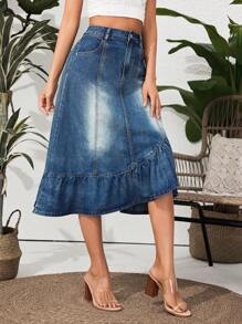Breezaya Women's Asymmetrical Hem Stonewashed Denim Skirt - Medium Wash - View 5