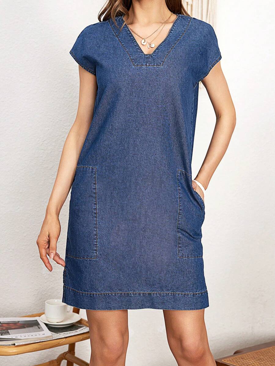 EMERY ROSE Vestido Corto De Mezclilla Para Mujer Con Manga Murciélago - Azul - Ver 1