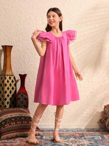 Tween Girl's Woven Solid Color Sweet And Loose Dress With Ruffle And Decoration On Sleeves - Hot Pink - View 3