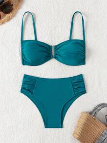 SHEIN Swim Solid Color Two-Pieces Bikini Set Summer Beach - Blue - View 6