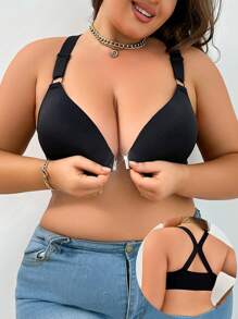 Plus Size Solid Color Underwire Front Closure Bra - Black - View 1