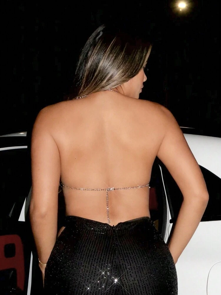 Valentine's Day Fashion Women's Gorgeous Hollow Orange Red Sexy Hot Girl Nightclub Charming Metal Chain Short Rhinestone Decorated Adjustable Backless Halter Top