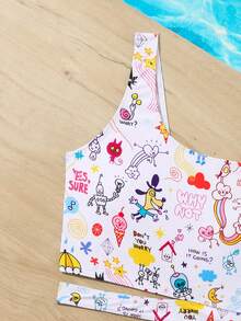 Tween Girl Cartoon Printed Tank Top Plain Triangle Briefs Swimwear Set