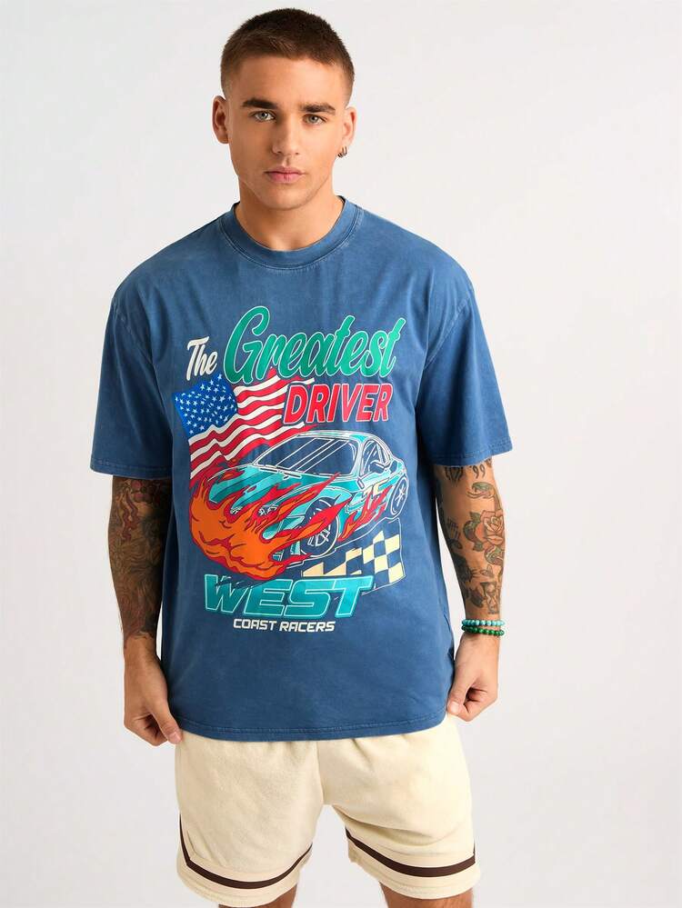 Men's Car And Letter Printed T-Shirt In Blue Washed