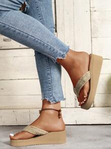 Women's Fashionable Thick-Soled Beach Sandals With  Rope Wedge Heels - Apricot - View 3