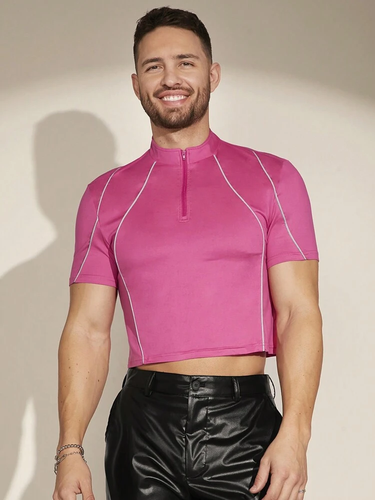 Men's Casual Contrast Color Rolled Hem Cropped T-Shirt