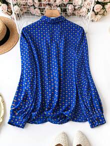 SHEIN Clasi Kích thước lớn Của phụ nữ Hoa In Tay áo dài Áo sơ mi - Màu xanh lam - Xem 2