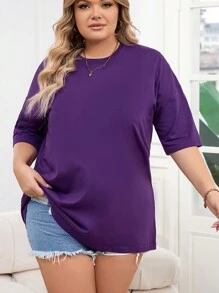 INAWLY 大尺碼女士純色圓領t恤 - 紫色 - 查看 5