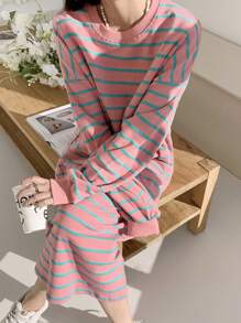 DAZY 女式条纹落肩宽松连衣裙、休闲女装、返校服、秋季连衣裙、长袖连衣裙 - 粉色 - 查看 1