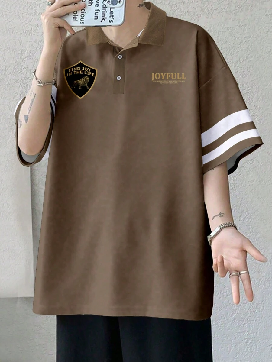 Claim Dot 男士字母印花條紋短袖 Polo 衫 - 卡其色 - 查看 1