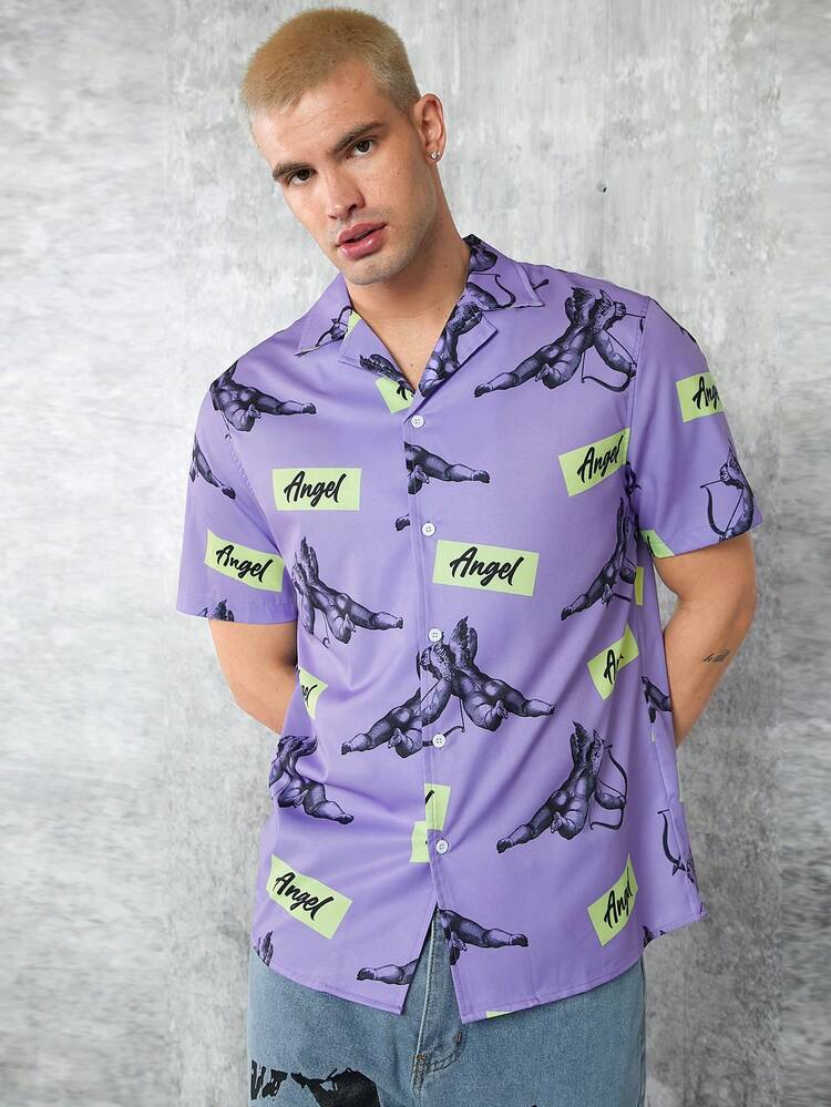 Men's Short Sleeve Woven Casual Shirt With Letter And Small Angel Print