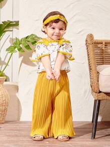 SHEIN Baby Girl's Summer Vacation Floral Print Color Block Tank Top And Pleated Pants Set