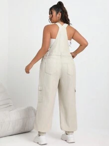 SHEIN EZwear Kích thước lớn Của phụ nữ Đã bỏ túi Quần yếm Denim - Màu Khaki - Xem 2