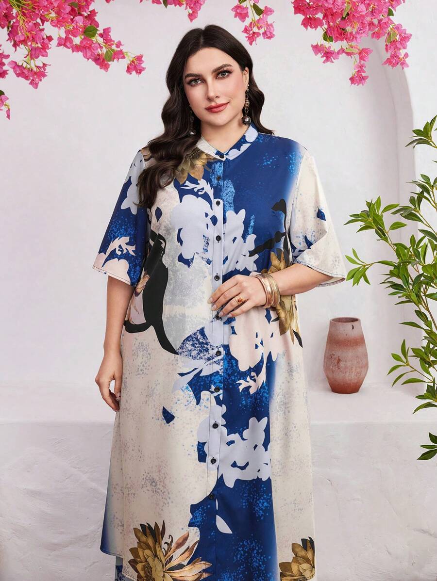 Mulvari Plus Size Women's Floral Printed Short Sleeve Top And Pants Set With Single-Breasted Closure - Multicolor - View 1