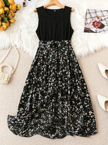SHEIN Clasi Plus Size Women's Floral Printed Sleeveless Patchwork Dress - Black - View 1