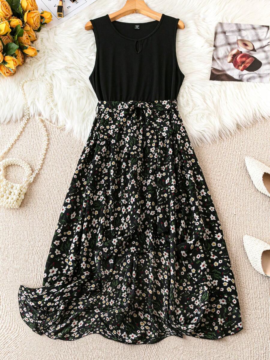 SHEIN Clasi Plus Size Women's Floral Printed Sleeveless Patchwork Dress - Black - View 1