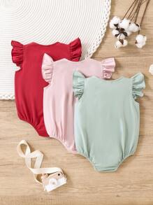 SHEIN 嬰兒女童休閒簡約針織荷葉邊露肩連體衣,3入組 - 彩色 - 查看 2