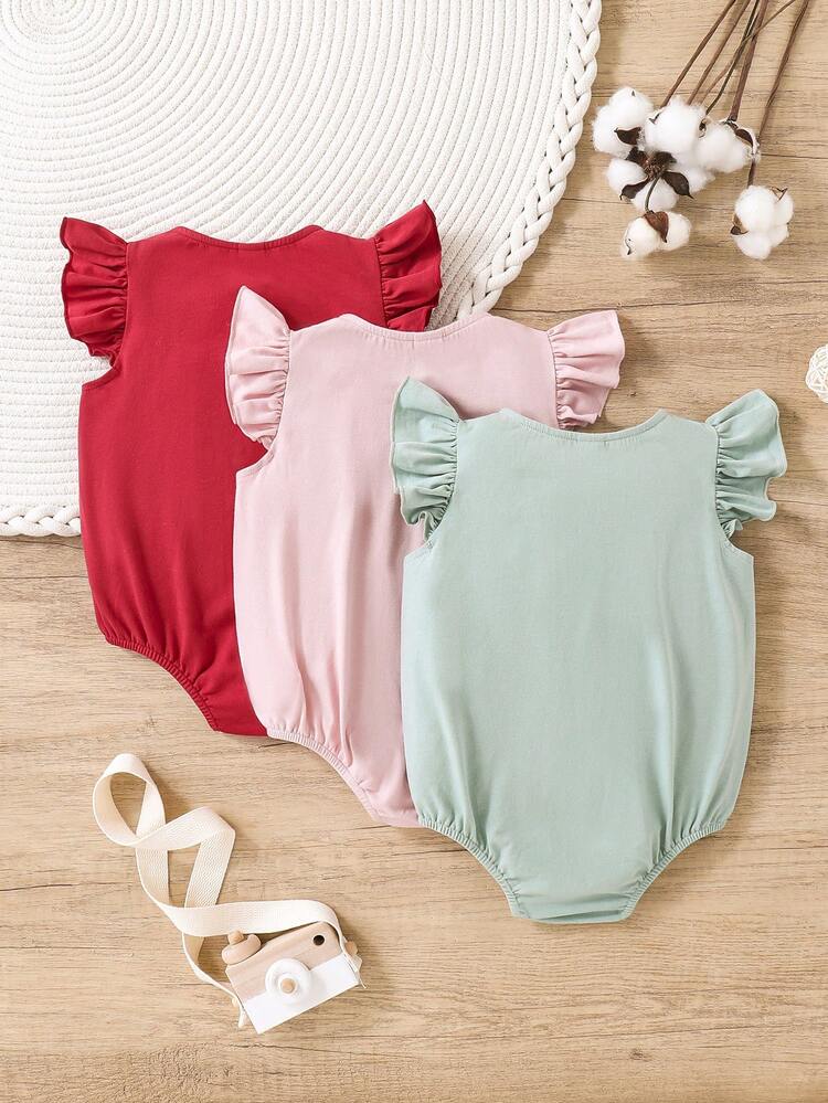 Baby Girl's Casual And Simple Knitted Ruffle Edge Sleeveless Bodysuit, 3pcs Set