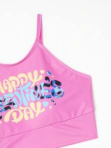 Teenage Girls' Letter Print Splice Animal Pattern Tankini Set - Multicolor - View 3