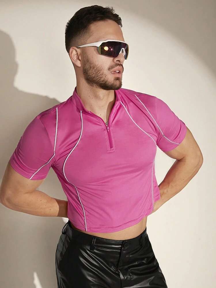 Men's Casual Contrast Color Rolled Hem Cropped T-Shirt