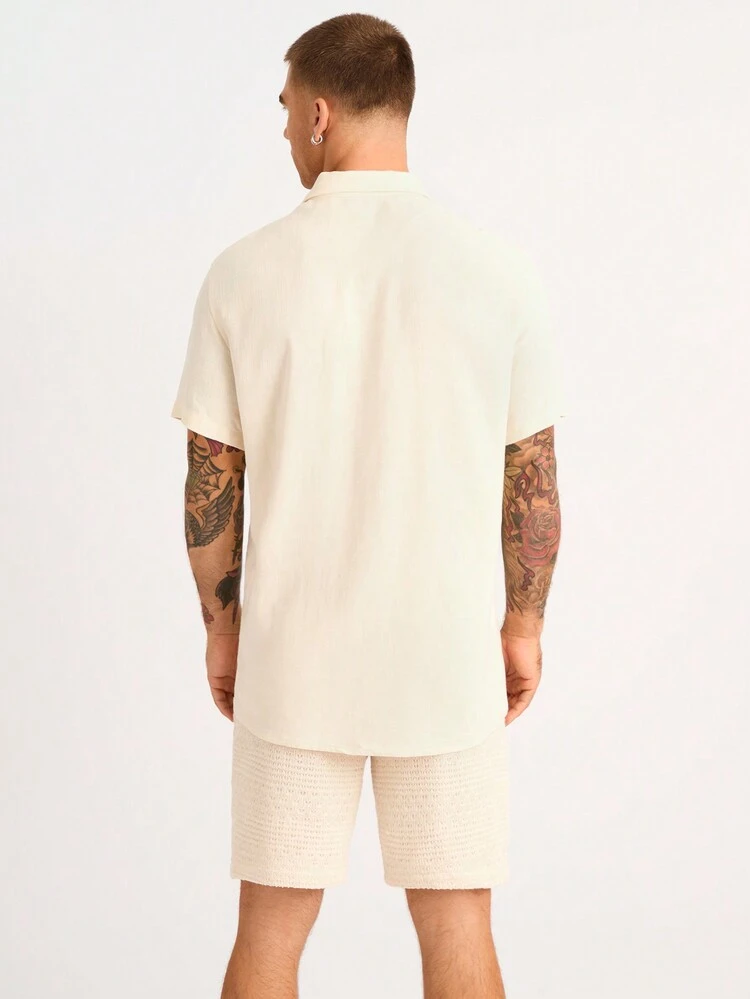 3pcs Men's Vacation Short Sleeve Shirt, Tank Top And Shorts Set