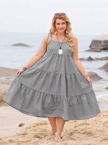 SHEIN LUNE 大尺碼女士格紋印花無袖連衣裙 - 黑色 - 查看 5