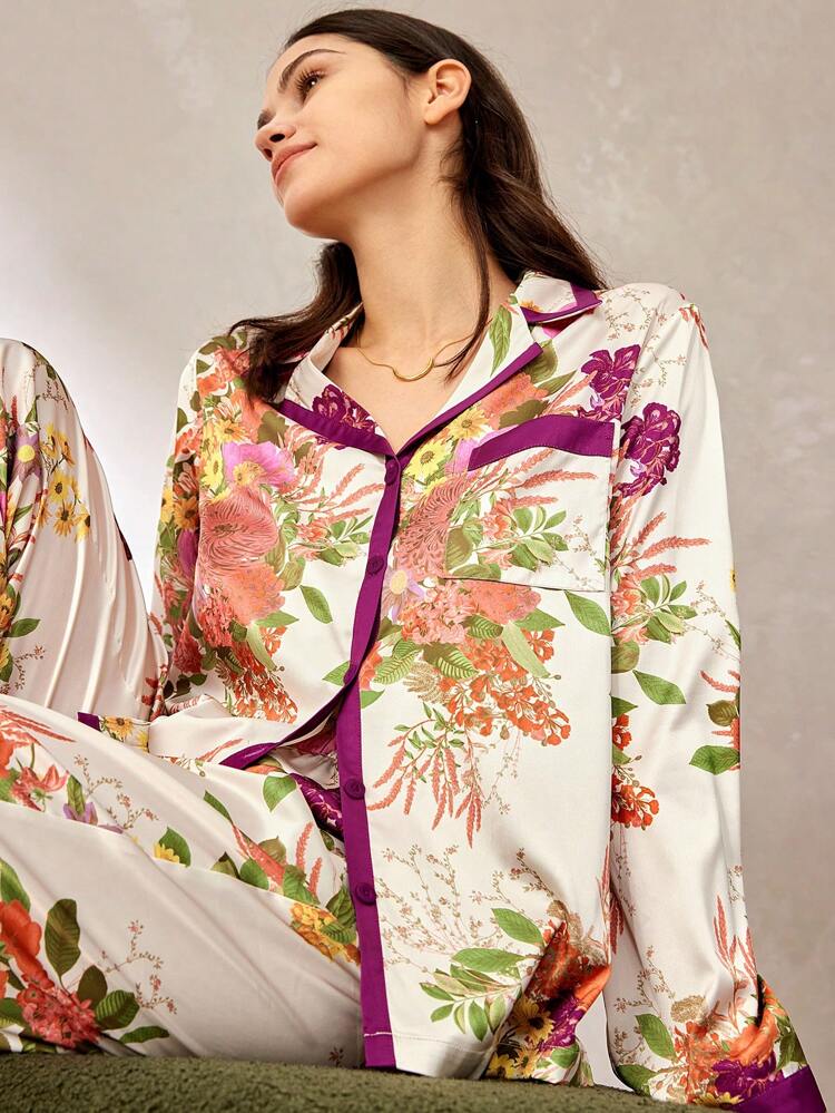 Chinese Style Large Scale Floral Print Satin Long Women Pajama Sets Lounge Sets For Women Lingerie, Fall Clothes