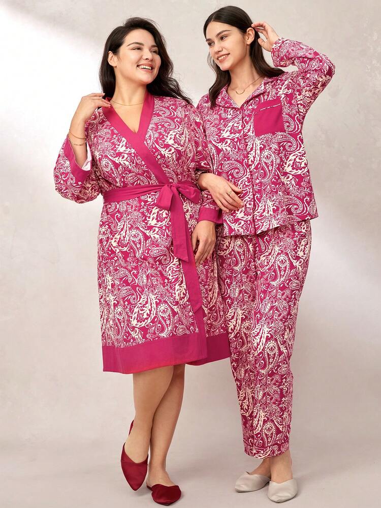 Ensemble de pyjama long en coton imprimé cachemire rouge pour femmes. Ensemble de détente pour femmes avec pantalon à poches. Vêtements de pyjama d'automne