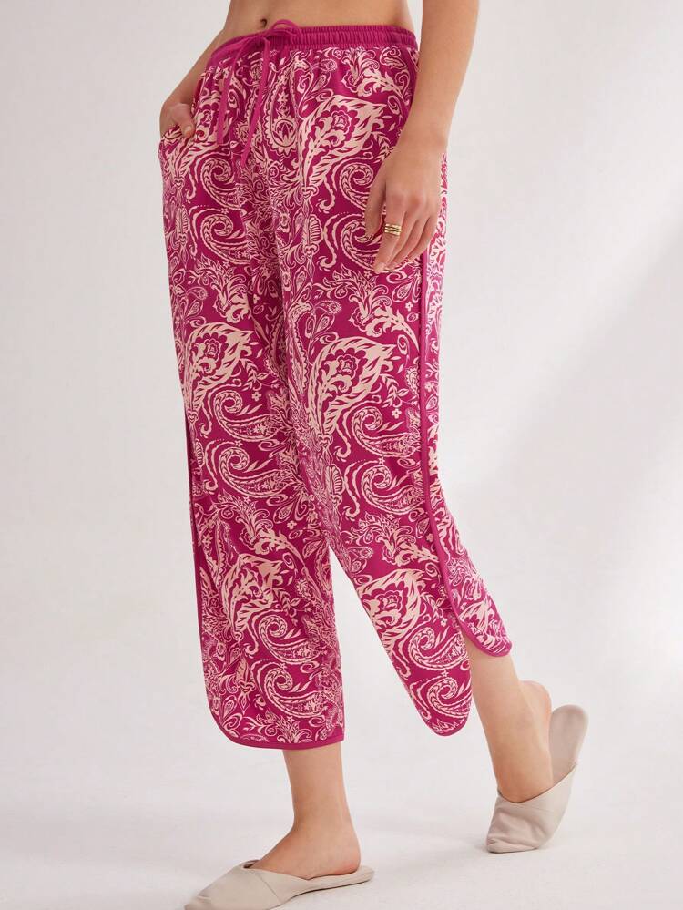 Summer Red Paisley Print Cotton Long Women Pajama Panty Lingerie As Outerwear Cotton Pajamas