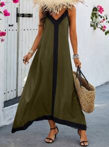 Selianne Vestido De Tirantes Espagueti Para Mujer Con Bloque De Color - Verde militar - Ver 5