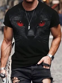 Manfinity Dauomo 男士貓印花圓領短袖t恤 - 黑色 - 查看 1