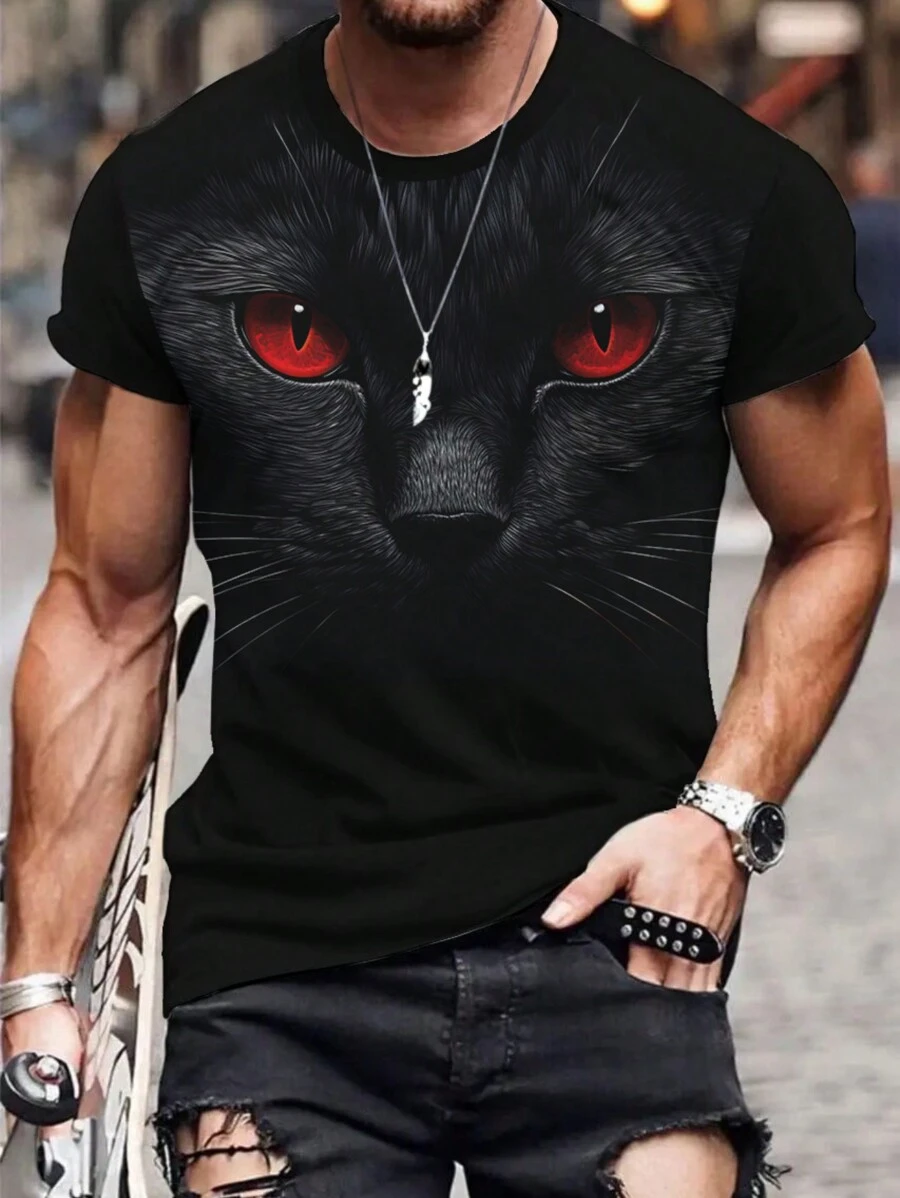 Manfinity Dauomo 男士貓印花圓領短袖t恤 - 黑色 - 查看 1