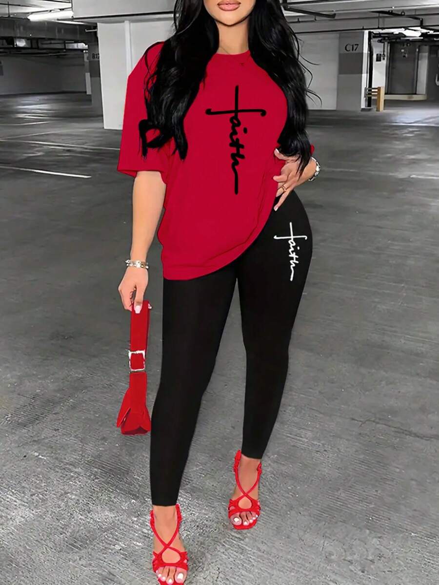 SHEIN Women's Alphabet Printed Round Neck T-Shirt And Leggings Set - Burgundy - View 1