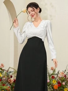 Modelyn Women's Contrast Color Sticker Patchwork Puff Sleeve Dress Long Evening Dresses - Black - View 4