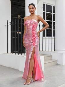 SHEIN Belle Vestido De Noche Estilo Metálico Con Cuello Descubierto Hombros Y Cintura Plisada Con Detalle Decorativo De Flores Realista - Rosa - Ver 9